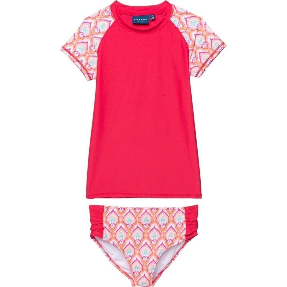 Cabana Life Kids Girls Pink Printed Rash Guard Bikini Bottoms Set UPF 50+ 12